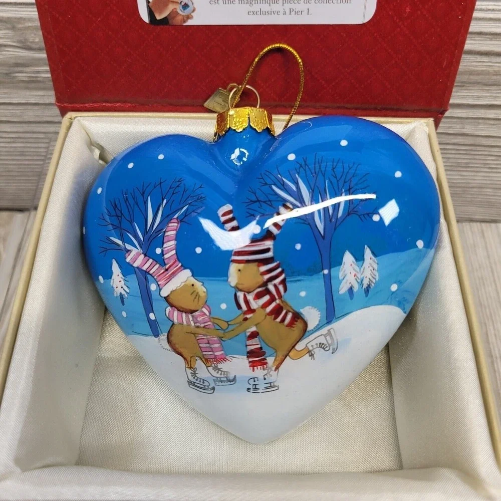 Li‎ Bien Pier 1 Imports 2018 Heart Glass Ornament Ice Skating Bunnies Blue Boxed